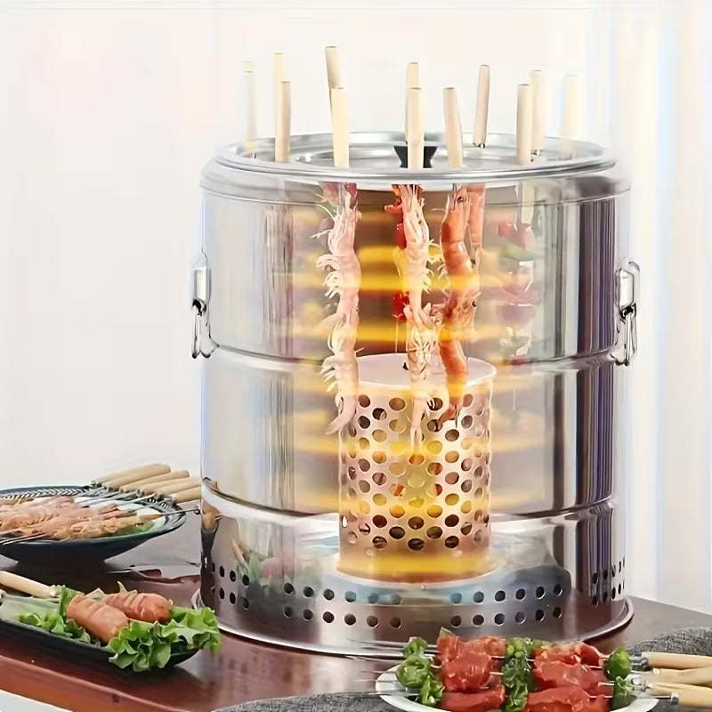 Outdoor Portable Round Charcoal Grill with 30 Skewers
