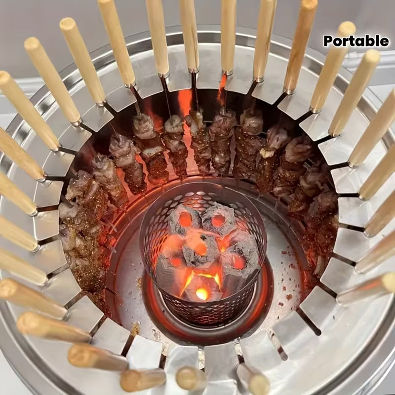 Outdoor Portable Round Charcoal Grill with 30 Skewers