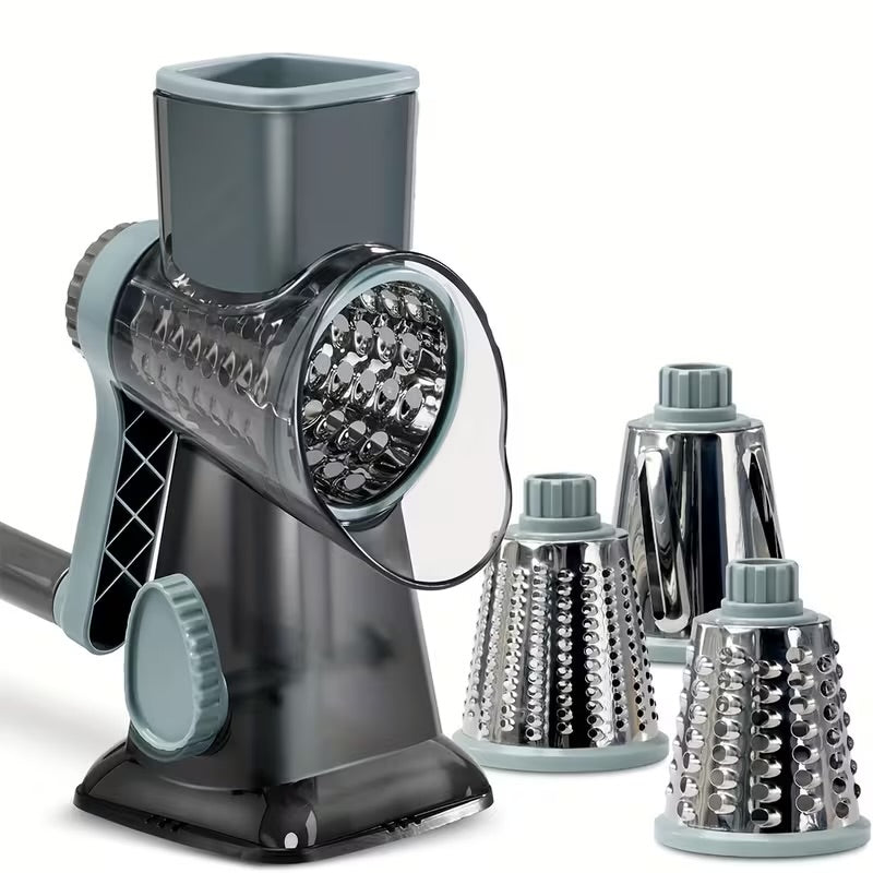 A Multifunctional Hand-Cranked Vegetable Cutter That Includes Three Interchangeable Blades