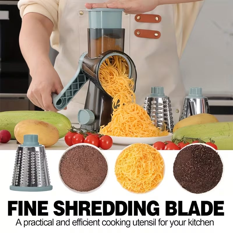 A Multifunctional Hand-Cranked Vegetable Cutter That Includes Three Interchangeable Blades