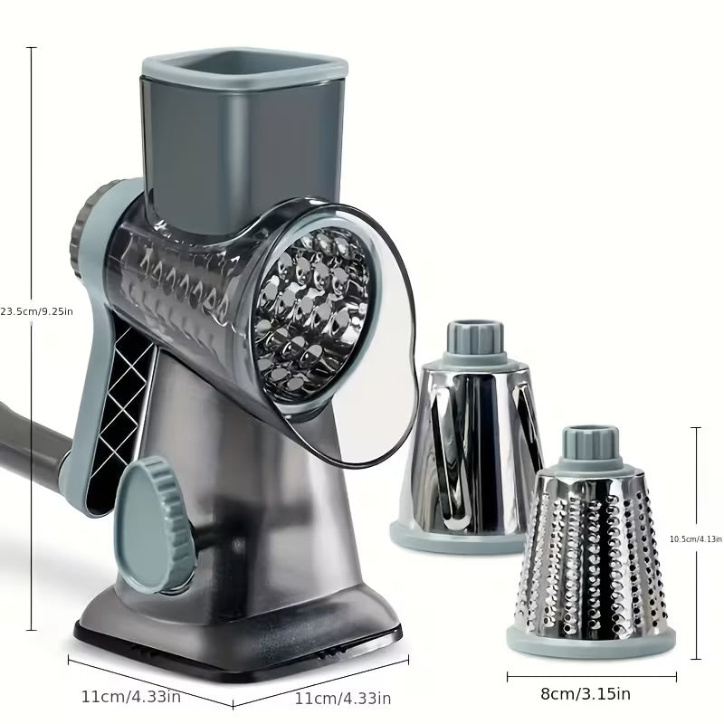 A Multifunctional Hand-Cranked Vegetable Cutter That Includes Three Interchangeable Blades