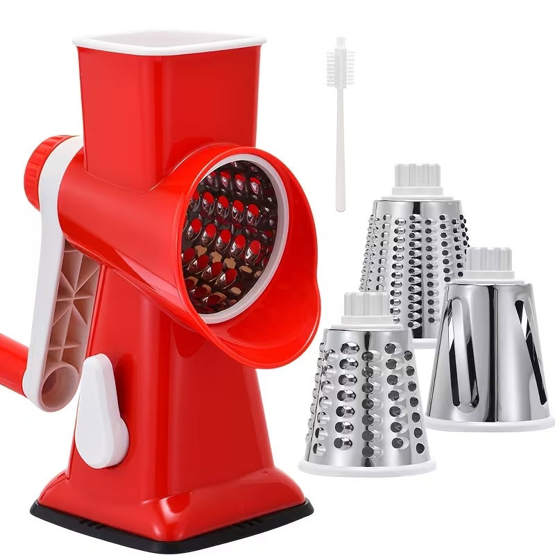 A Multifunctional Hand-Cranked Vegetable Cutter That Includes Three Interchangeable Blades