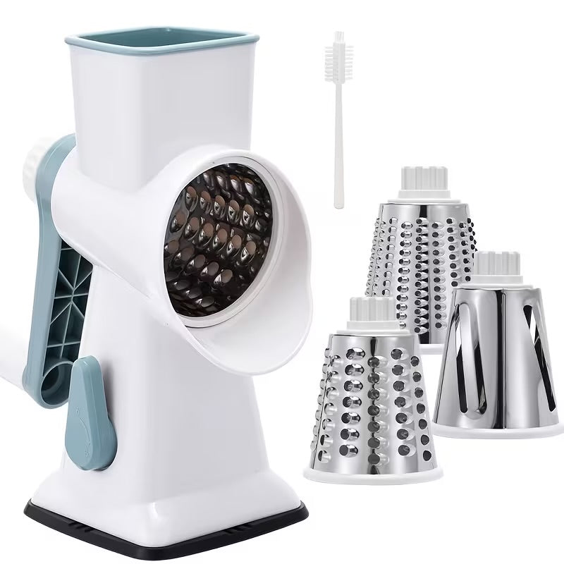A Multifunctional Hand-Cranked Vegetable Cutter That Includes Three Interchangeable Blades
