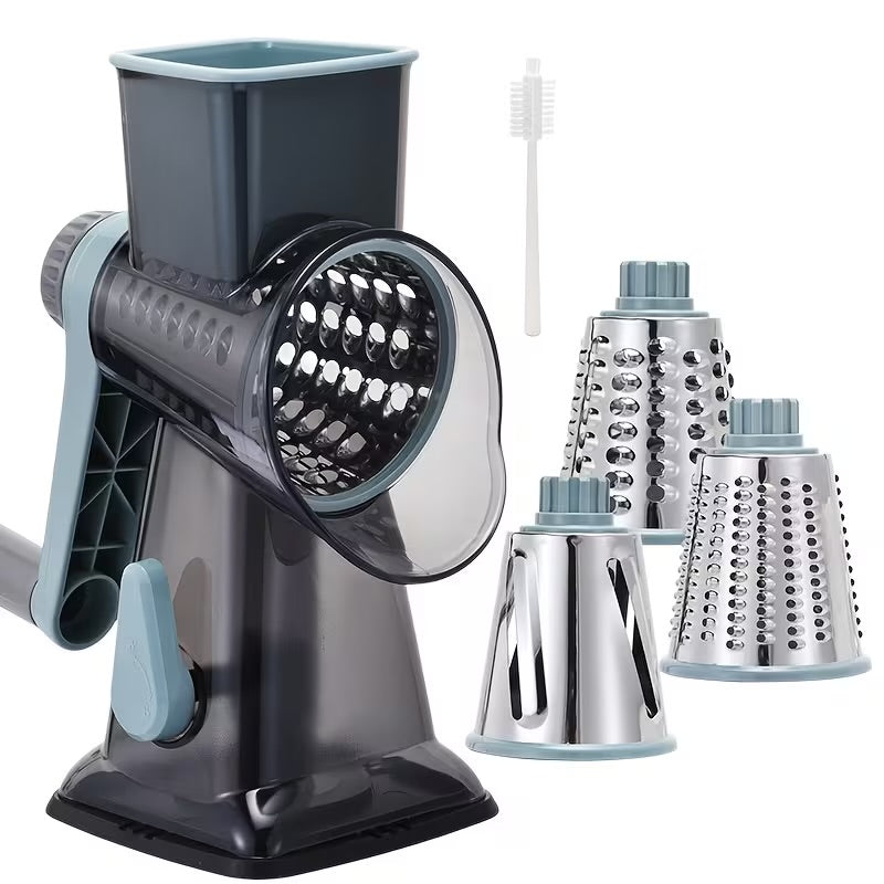 A Multifunctional Hand-Cranked Vegetable Cutter That Includes Three Interchangeable Blades